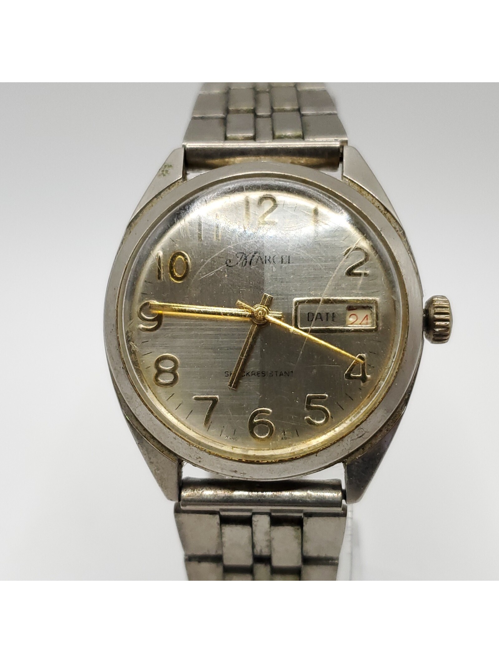 Vintage Mens Marcel Watch Running Fast Silver Tone DayDate Dial